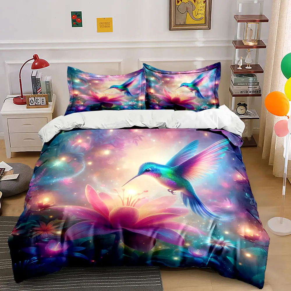 Hummingbird in Dreamy Floral Scene Duvet Cover Set with 3D Printing Design Soft Polyester Bedding Set All-Season Comfort
