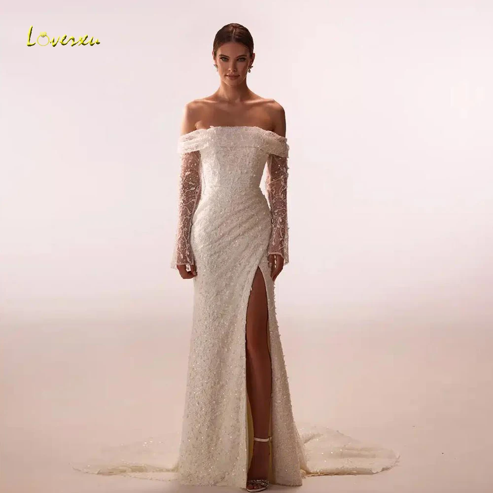 Loverxu Mermaid Sexy Wedding Dresses For Women Boat Neck Vestido De Novia Lace Embroidery Luxury Custom Made Bridal Gowns