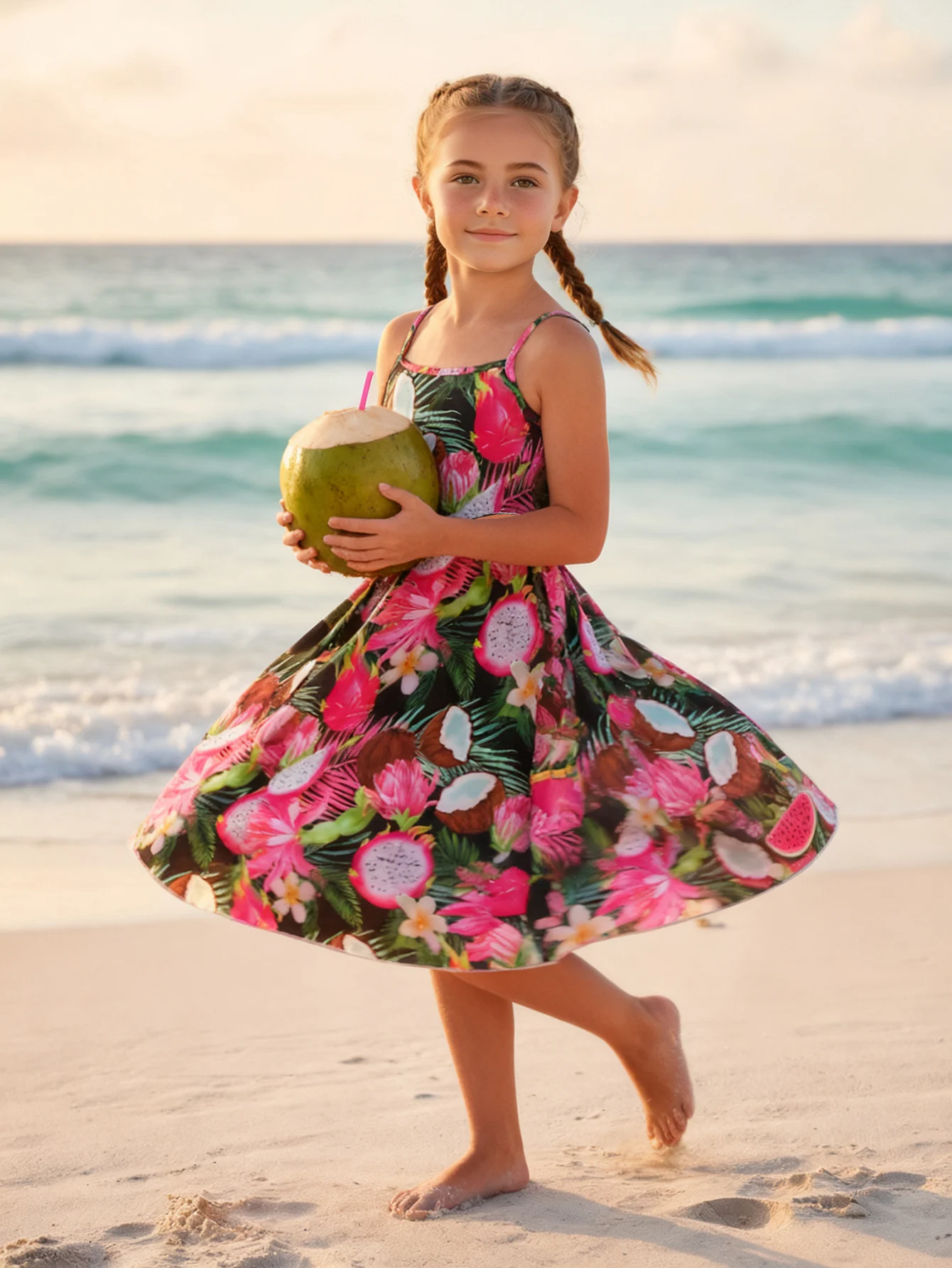Sommerkleid für Mädchen mit Tropischem Blumendruck, Spaghetti-Trägern, Langes Strandkleid, Boho / Hawaiian Party Kinderkleidung 5-12 Jahre – Detail 2