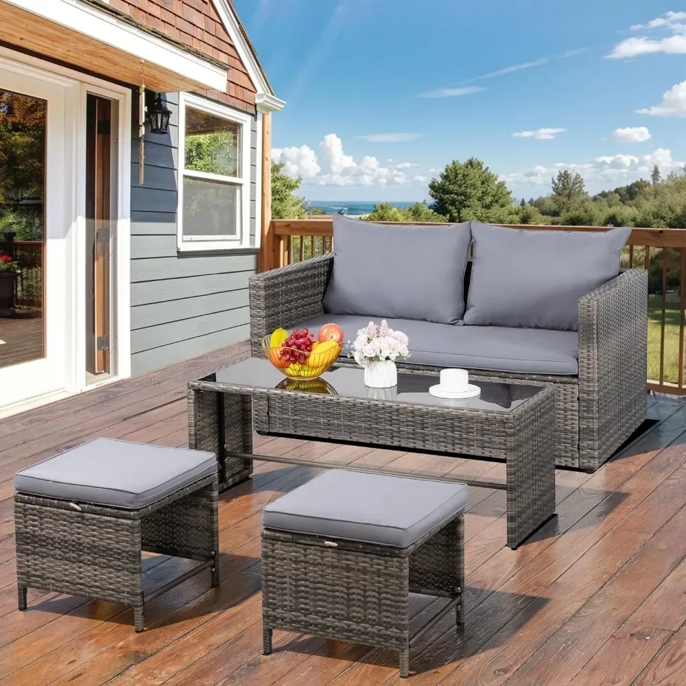 

4 Pieces Wicker Patio Furniture Sets,Sectional Sofa with Cushions&Coffee Table for Backyard Porch Garden, Freight Free