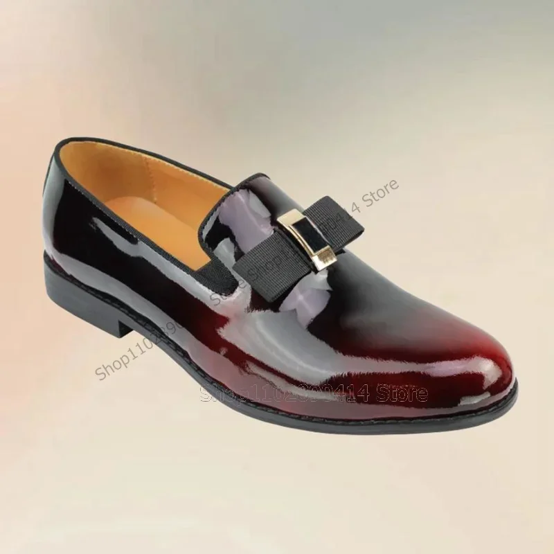 

Metal Bow Knot Decor Black Red Patent Leather Loafers Fashion Slip On Men Shoes Luxurious Handmade Party Banquet Men Dress Shoes