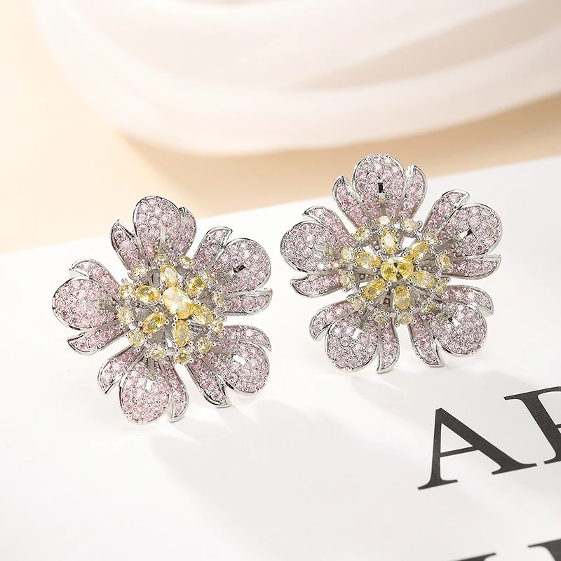 SENYU Luxury Zircon Big Flower Large Stud Earrings Beautiful Yellow Flower Stamen Exquisite Women Wedding Earrings Jewelry Gifts