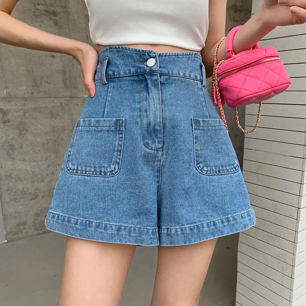 Women Denim Shorts Stylish High Waist Denim Cargo Shorts for Women Stretchy Wide Leg Summer Shorts with Pockets Zipper for A