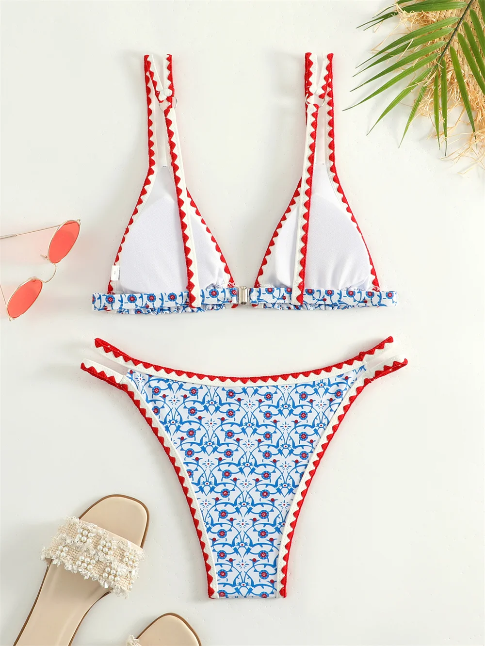 Trend Print Bikini Bordered Straps Swimsuit Thong Push Up Y2K Boho Swimwear Kawaii Women Two Piece Brazil BeachWear Bathing Suit