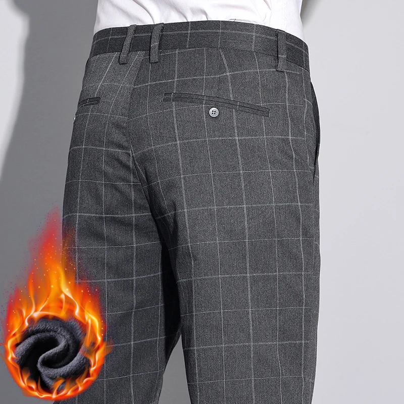 

Winter New Fleece Plaid Pants Men's Slim Business Thickened Classic Trousers Comfortable Warm Plush Fashionable Male Trousers