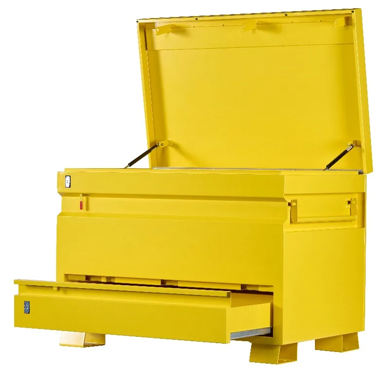 Professional use: heavy-duty yellow steel construction site toolbox, durable tool cabinet