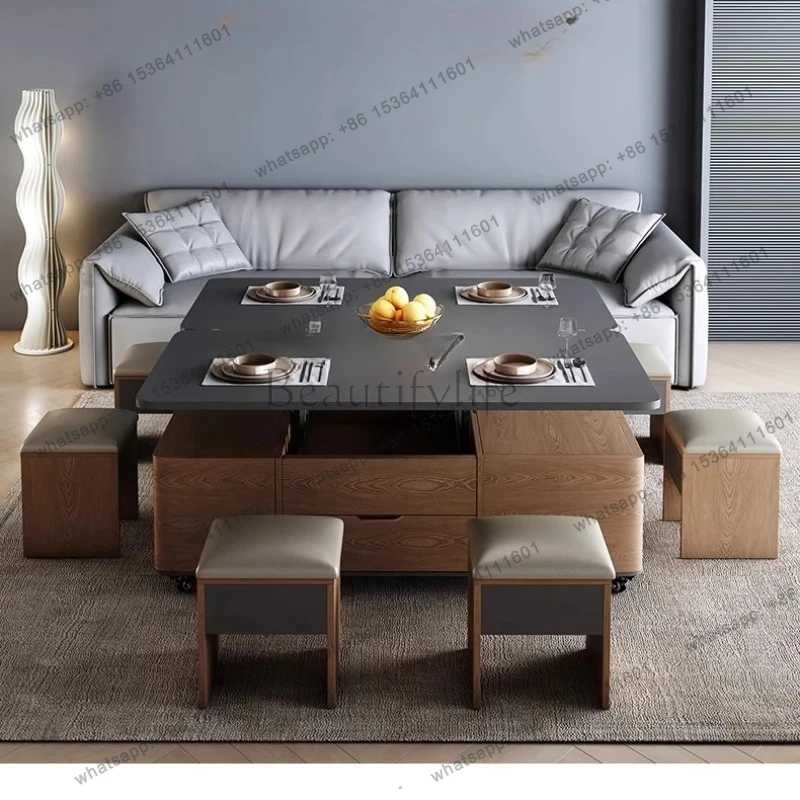 Multifunctional rock slab lift coffee table dining table integrated dual-purpose two-in-one household with stool living room mov