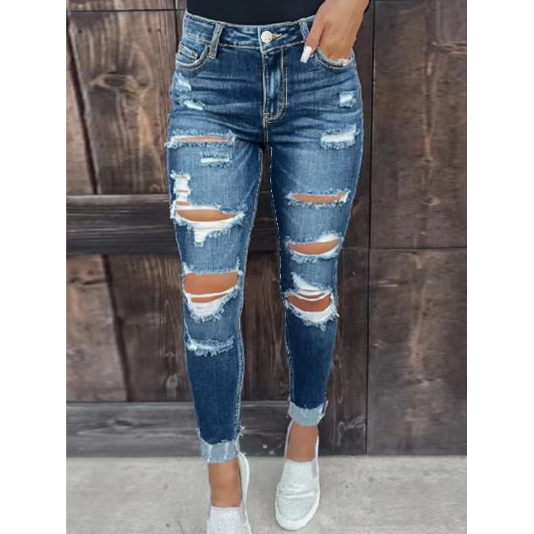 

Blue Hole Ripped Jeans Slim Fit Punk Style High Waist Elastic Fabric Spring New Arrival Male Fashion Jeans from LAZADA