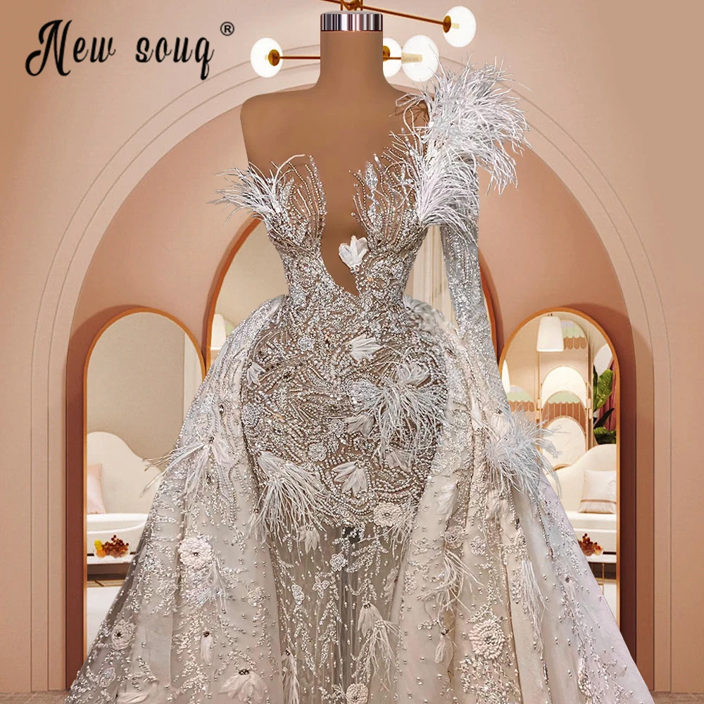 Abnehmbare Zug Brautkleider Luxus Spitze Feder Meerjungfrau Plus Size Brautkleid Frauen 2023 Engagement Party Kleid Dubai