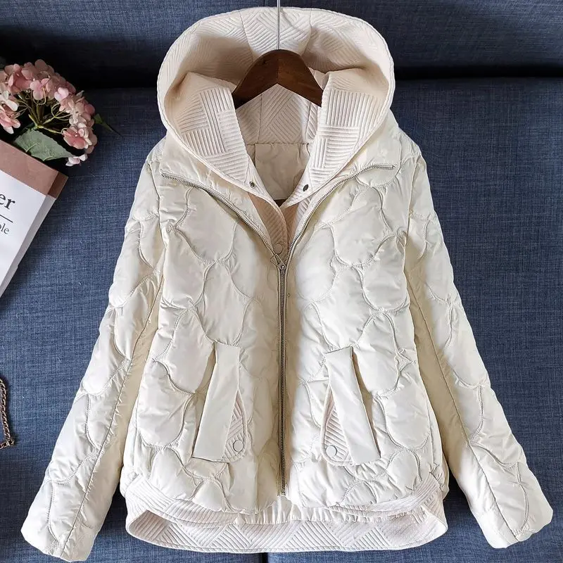 2023 Autumn/Winter New Thickened Warm Hooded Cotton Clothes Fake Two Pieces Diamond Checker Cotton Coat Women Jacket Women