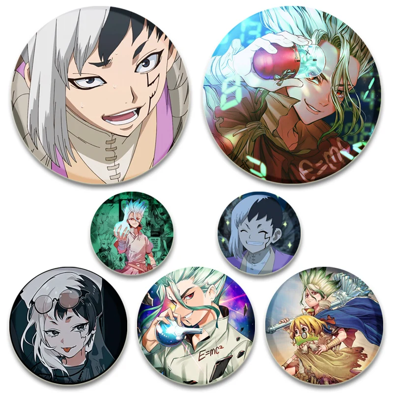 Dr. Stone Enamel Pins Round Anime Brooches Ishigami Senkuu Amber Kohaku Cartoon Badge Backpack Hat Jewelry Accessories Gifts