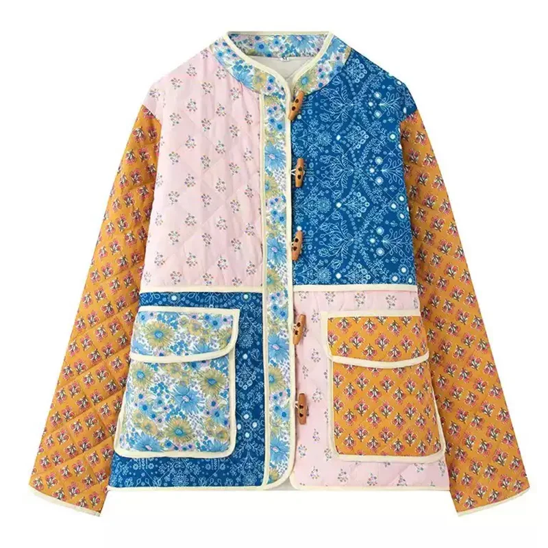 

Retro Vintage Cotton-padded Clothes Jacket Floral Printing Patchwork Winter Warm Coat Casual Women Full Sleeves Lady Top Outcoat