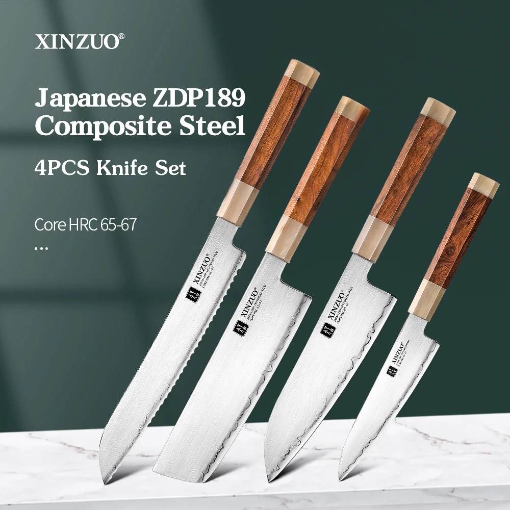 XINZUO 4PCS Set Of Kitchen Knife Utility Santoku Nakiri Bread Knife ZDP189 Composite Steel Desert Ironwood Handle Gift Box