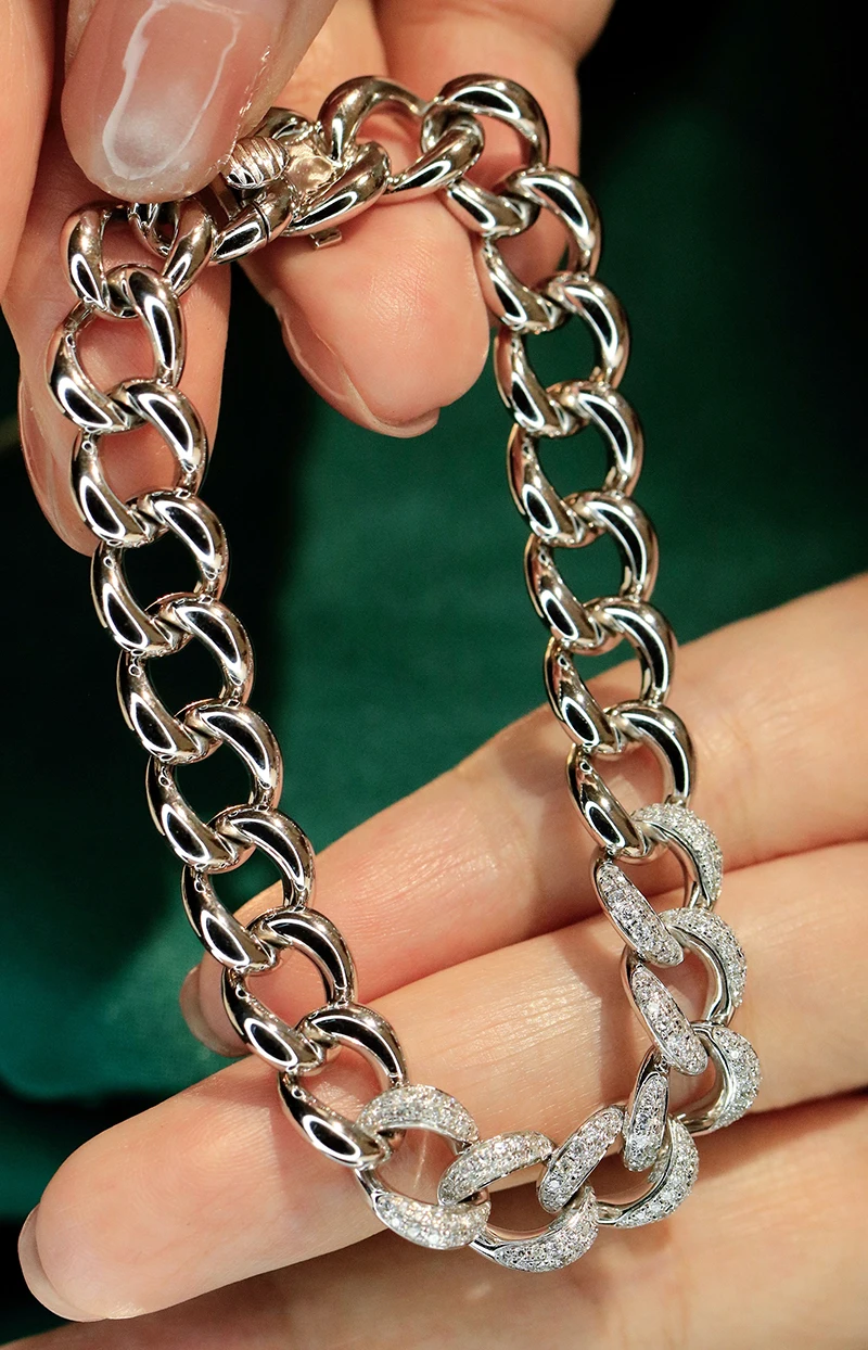 LUOWEND 100% 18K White/Yellow Gold Bracelet Luxury Cuban Chain Shiny Real Natural Diamond Bracelet for Women High Party Jewelry