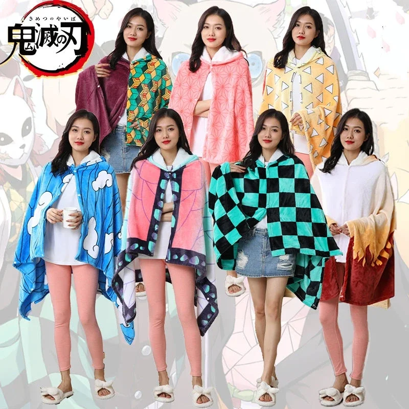 Demon Slayer Nezuko Shawl Blanket Hooded Cartoon Anime Snap Button Multifunctional Blanket Flannel Shawl Home New Blanket Winter