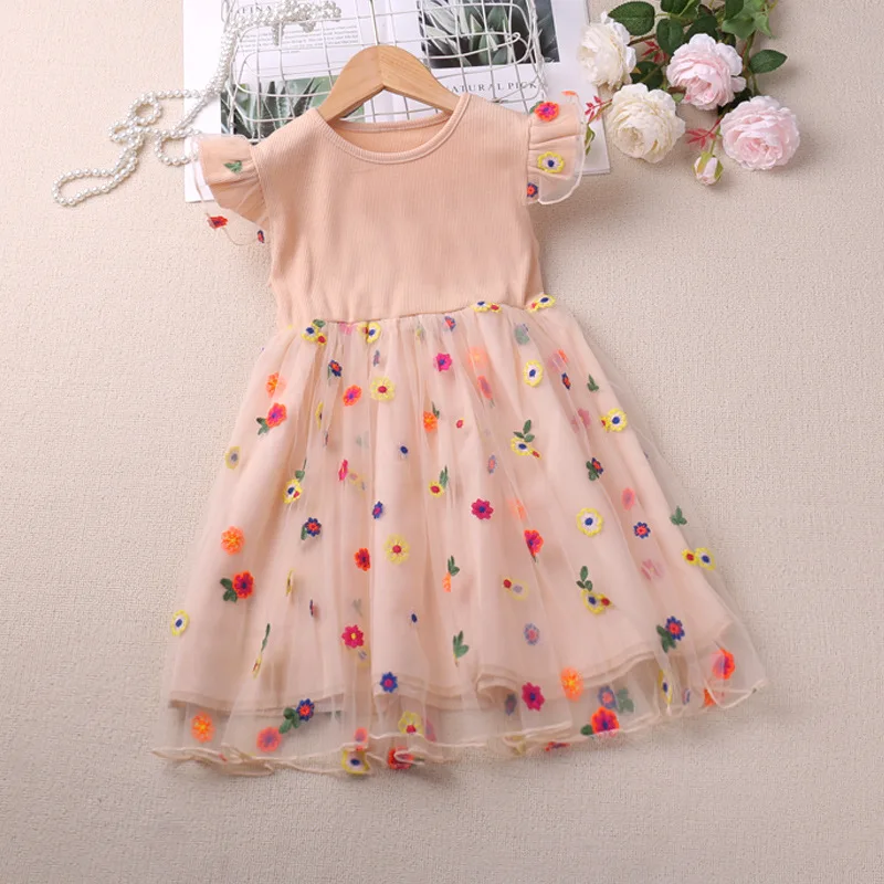 

2024 New Little Girls 1-5 Years Flutter Sleeves Embroidered Summer Casual Daily Play-Wear Dress