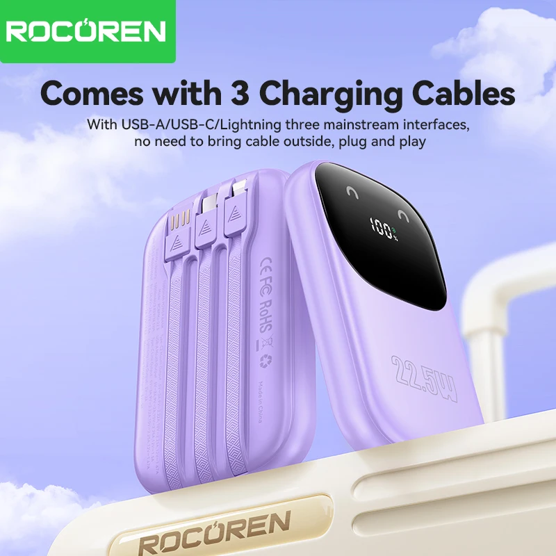 Rocoren 22.5W Fast Charging Power Bank With 3 Cable Mobile External Portable Battery Charger powerbank For iPhone Samsung Xiaomi