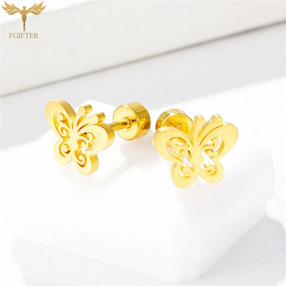 Beautiful Hollow Butterfly Earrings With Box Screw Back Earring Gold Color Stainless Steel Jewelry Women Girls Christmas Gift