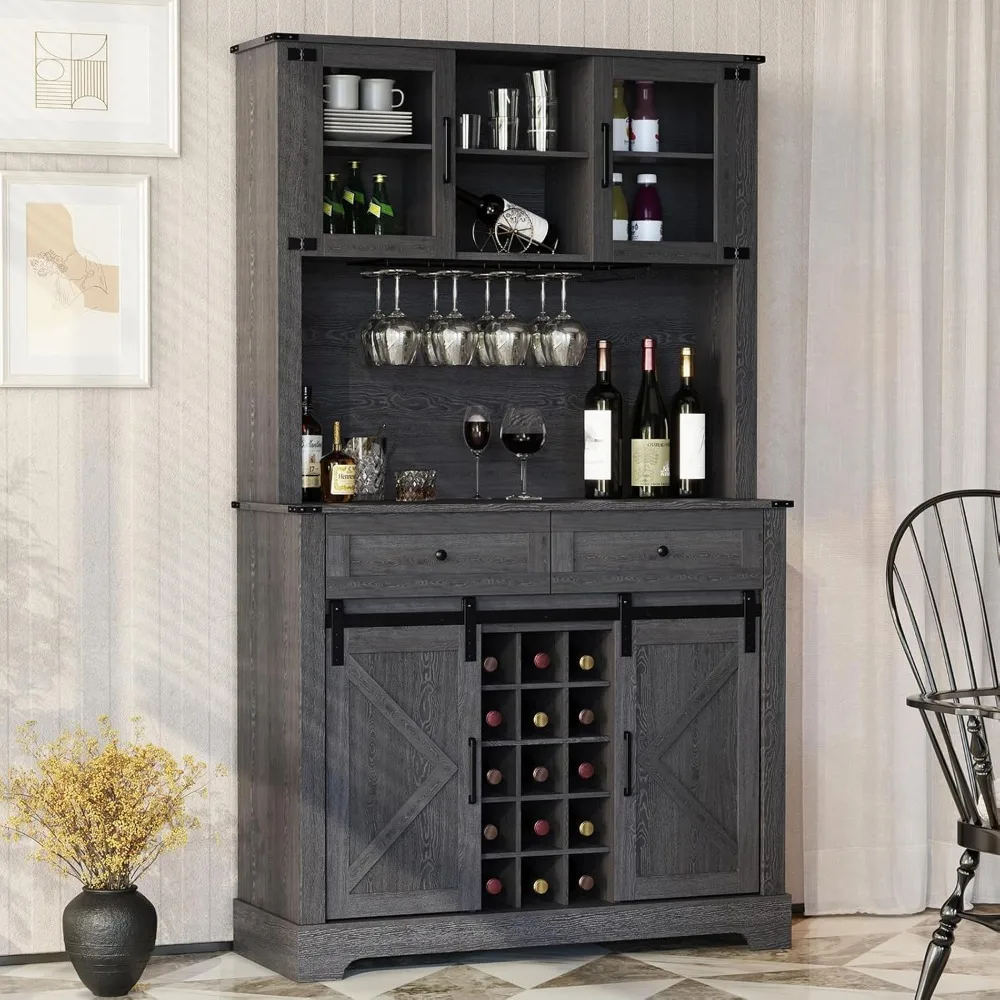 Armário de bar de vinho com porta deslizante de celeiro, armário de gaiola de 72 "com rack de vinho e óculos, armário alto de buffet de despensa de cozinha com gavetas