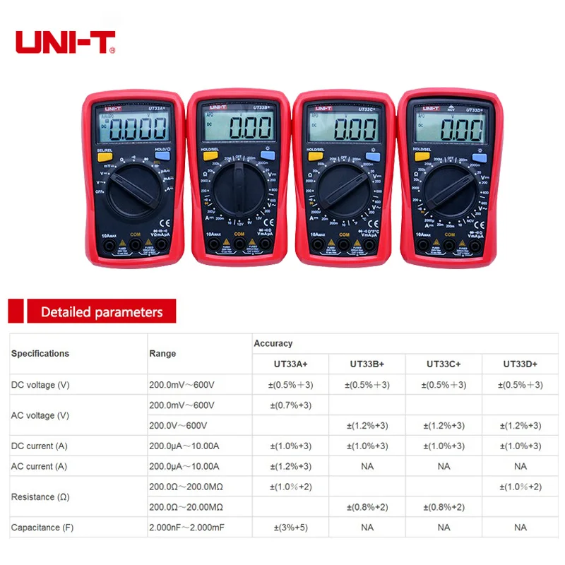 UNI-T  UT33A+ UT33B+ UT33C+ UT33D+ Palm Size Multimeter CAT II 600V LCD display test lead hanging groove Ergonomic design