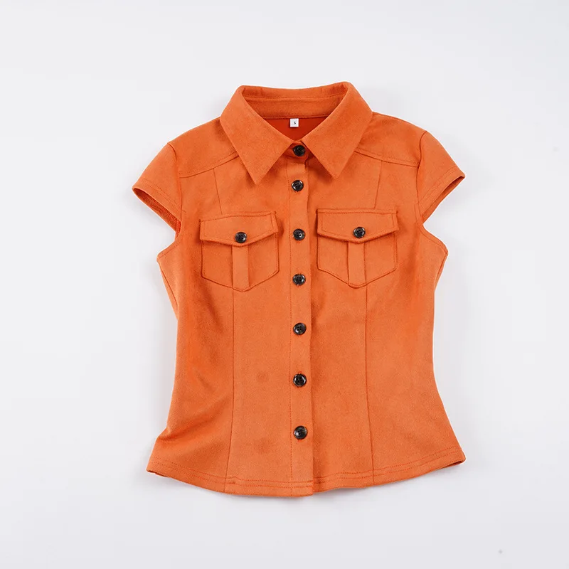 

Spice Girl Pocket Breasted Orange Shirt Women Fashion Waist Top Blouse