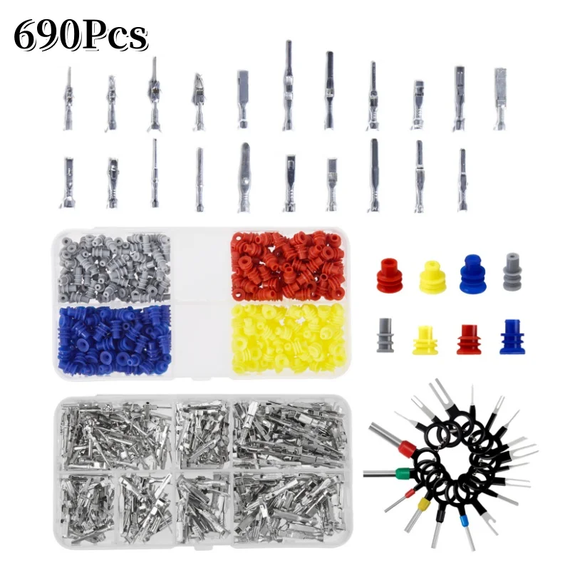 

690 Pcs Connector Pins Kit CrimperTerminal Pin Automotive Car Electrical Male And Female Wire Seals Removal Tool Kit