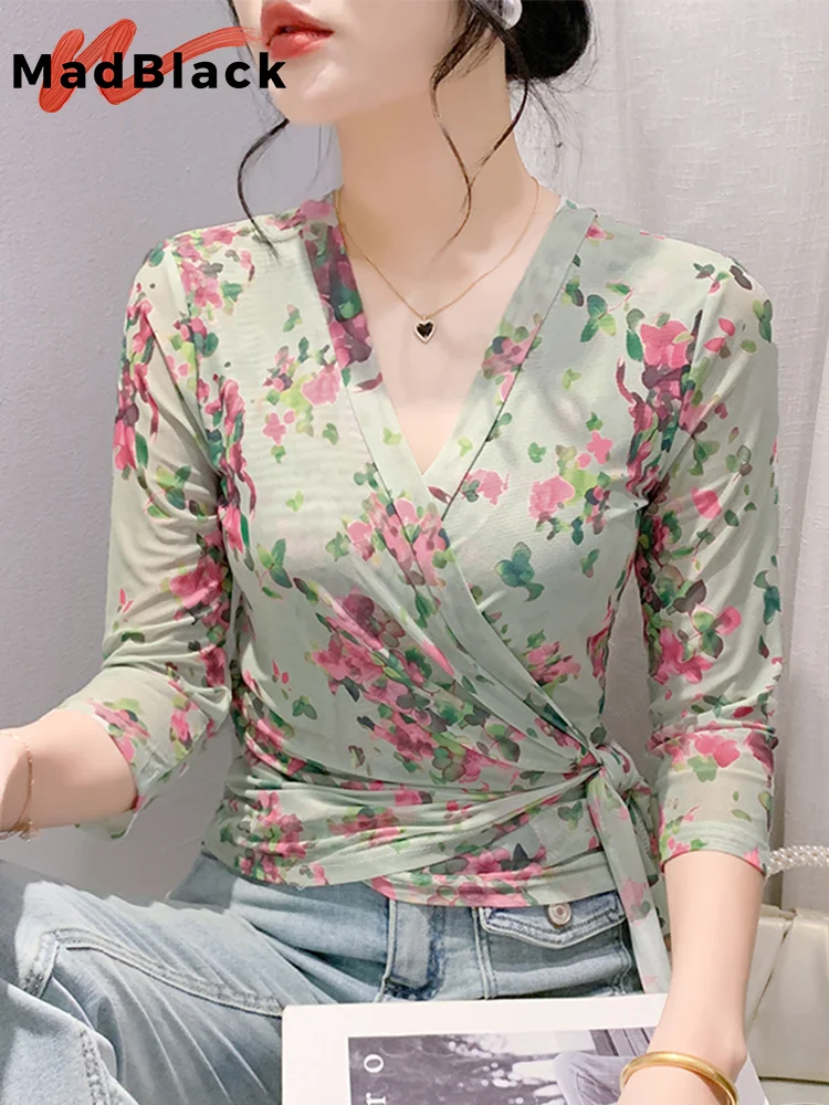 

MadBlack, Summer European Clothes Tshirt, Women Sexy V Neck Floral Tops, Straps Mesh Stretchy Fashion Slim Tee, Autumn T47507QM