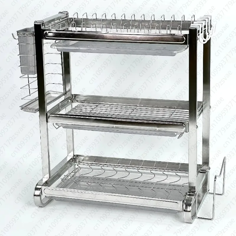 Integrated Three-layer Kitchen Countertop Storage Rack 304 Stainless Steel Dish Rack H-type Support Space-saving Design
