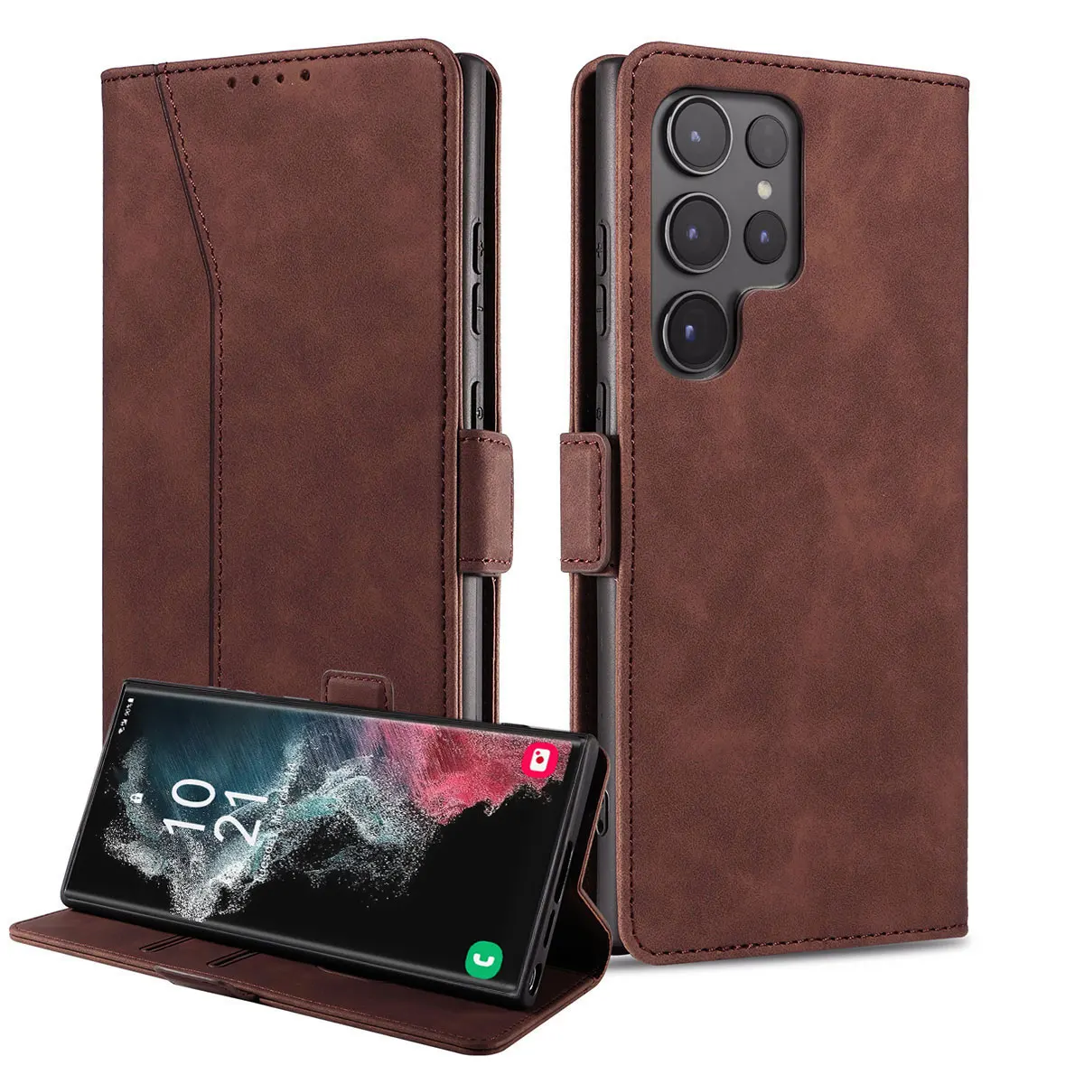 For Samsung Galaxy S22 Ultra 5G Leather Case Rugged Phone Flip Card Slots Magnetic Wallet Phone Cover Dark Brown