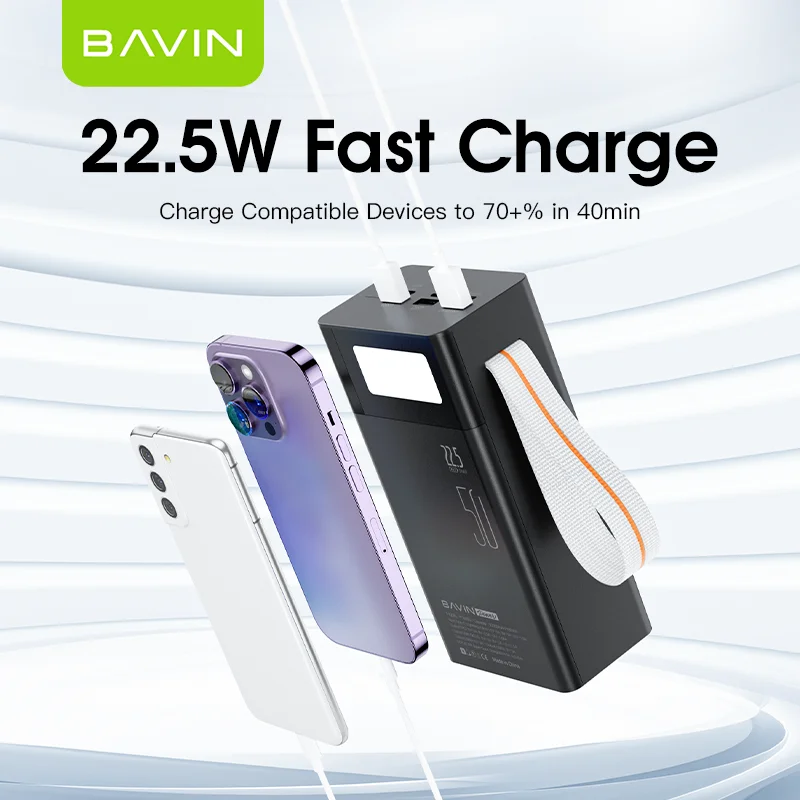 BAVIN سعر المصنع بالجملة المحمولة 22.5 واط شحن سريع سعة كبيرة 50000 Mah قوة البنك مع مصباح LED قوي