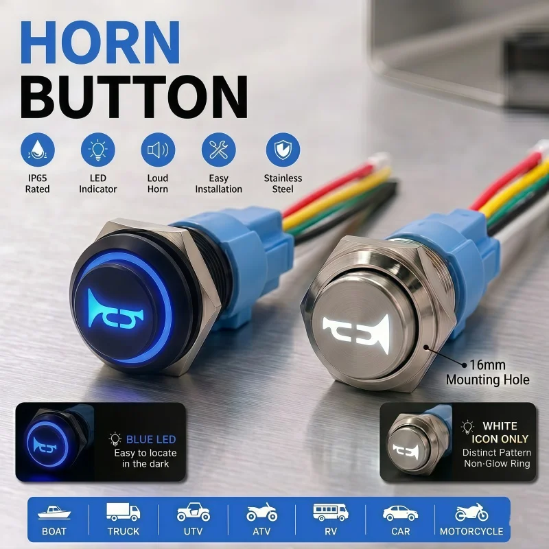 

12V Horn push button Switch 24V 16MM Momentary raised head Speaker for Car Boat Motorcycle black stainless steel LED light