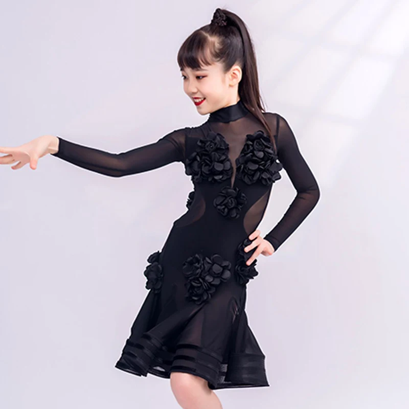 Latin Dance Performance Clothes For Girls Mesh Black Flower Dress Rumba Ballroom Dance Costume Latin Competition Dress DNV19384