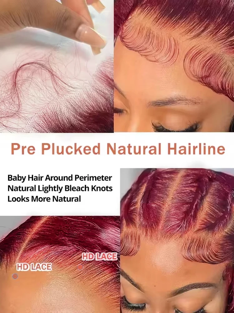 34 Inch 200% Density 99J Burgundy Wine Red 13x4 Lace Front Wigs With Natural Deep Wave, Transparent Lace And Baby Hair, Pre-Pluc image 6