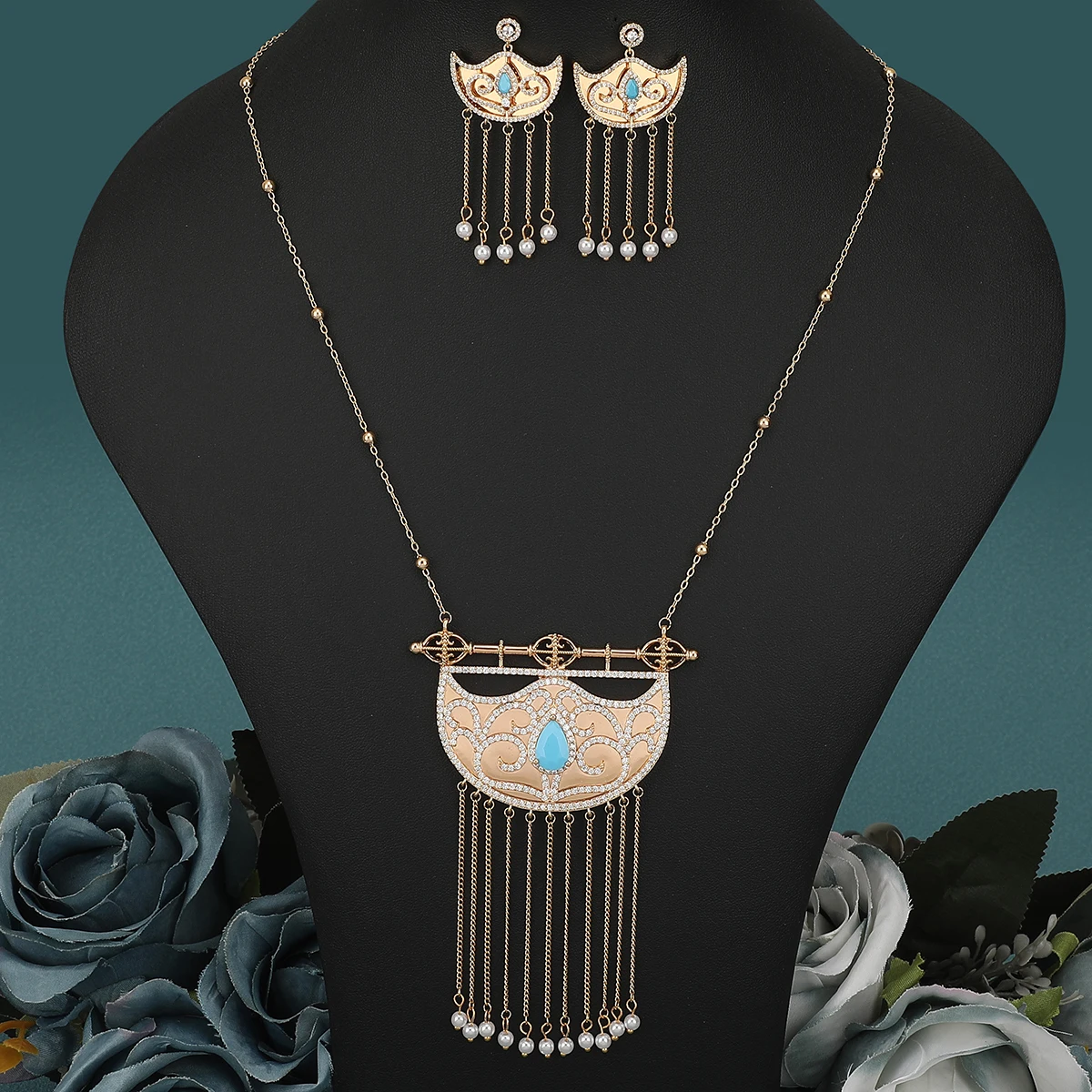 Women New Fashion Gold Zircon Long Chain Necklace Earring Set Tassel Design Arabic Style Wedding Party Jewelry Set ​Accessory