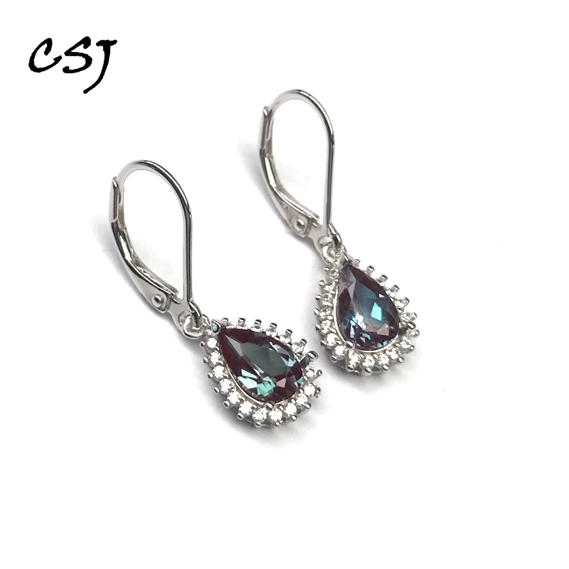 

CSJ Elegant Alexandrite Earring for Women Solid 925 Sterling Silver Lab Grow Gemstone Pear 6*8mm 1.8ct Party Birthday Gift