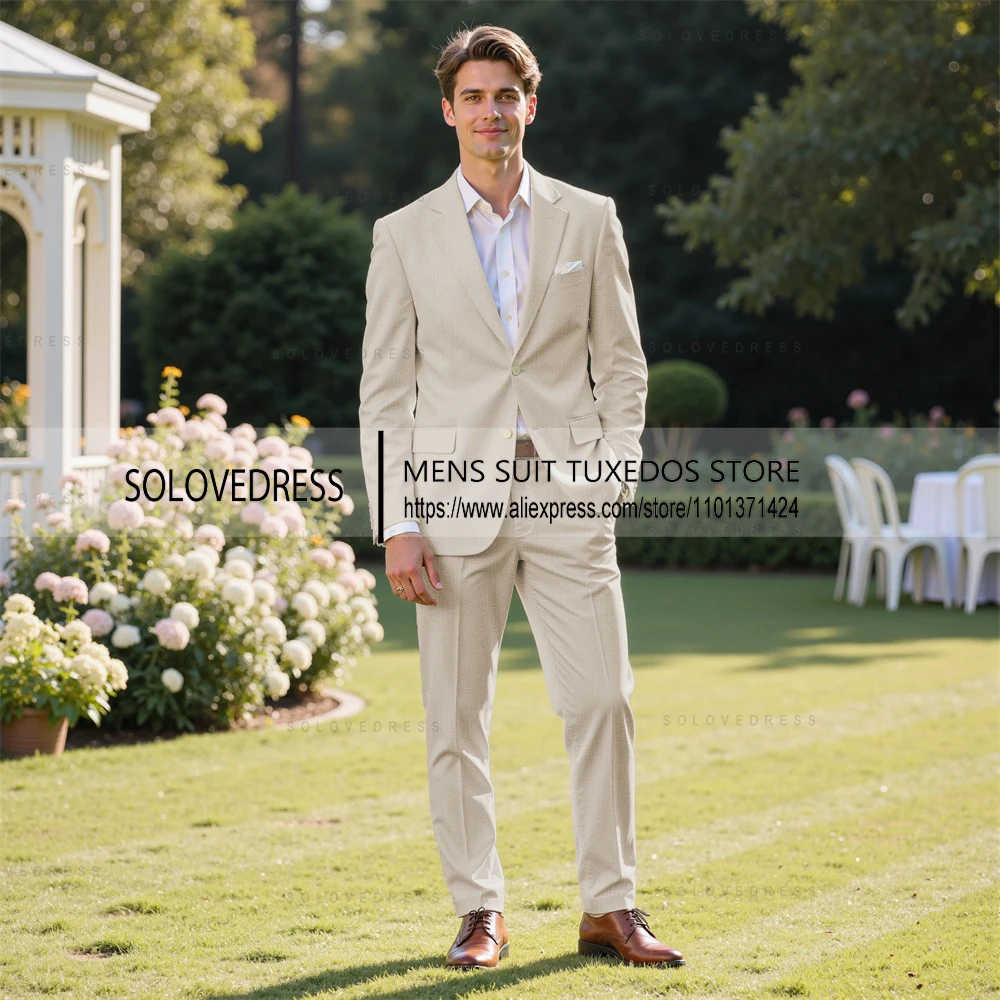 2 Pieces Summer Linen Suits Lapel Neck Single Breastes Casual Men's Suits Can Be Customized（Blazer+Pants）