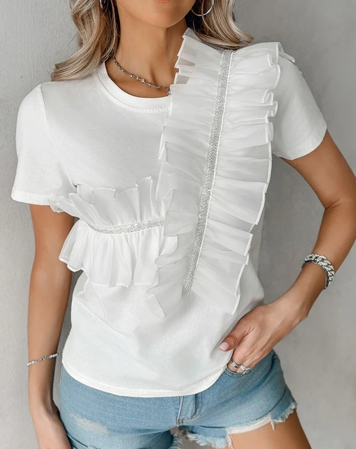 

Women's Blouses 2024 Summer Tops Y2K Clothes Simple Sheer Mesh Patch Ruffle Hem T-Shirt Elegant Pullover Tops Female Clothing