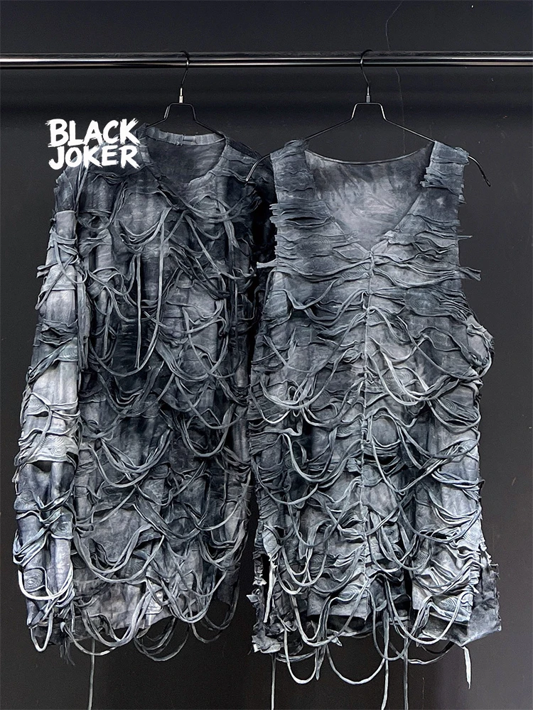 BLACK JOKER Original design new tie-dye distressed loose-fit casual long-sleeve T-shirt unisex tops