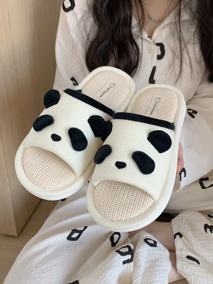 Panda Linen Slippers For Women Man Four Seasons Indoor Anti Slip Soft Sole Cute Stillness Floor Slipper For Couple