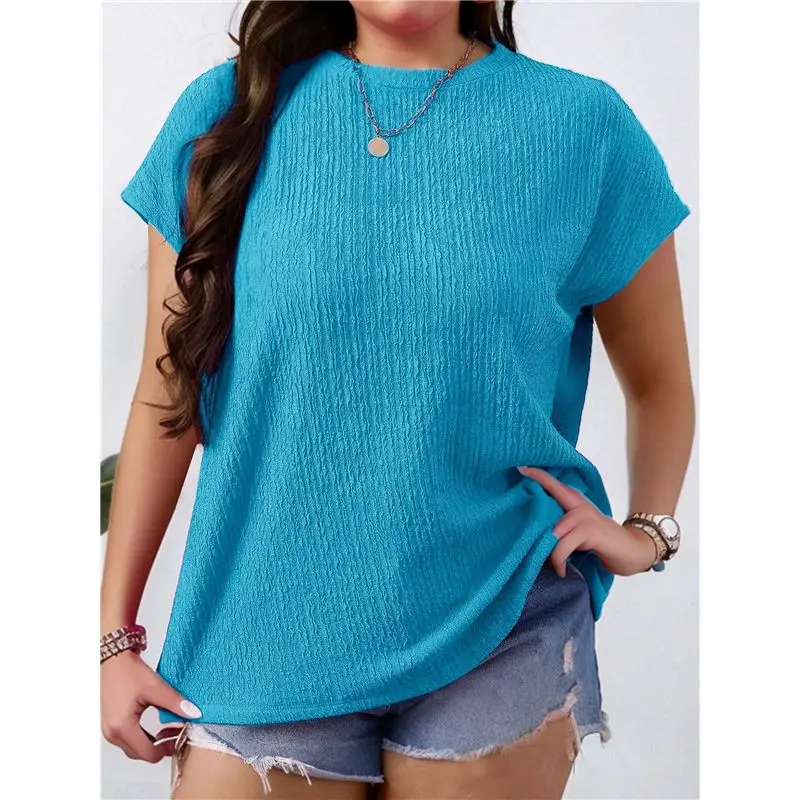 CYL-Damskie bluzki plus size z krótkim rękawem, okrągły dekolt, letnie bluzki, codzienne, luźne, lekkie, podstawowe koszulki wkładane przez głowę