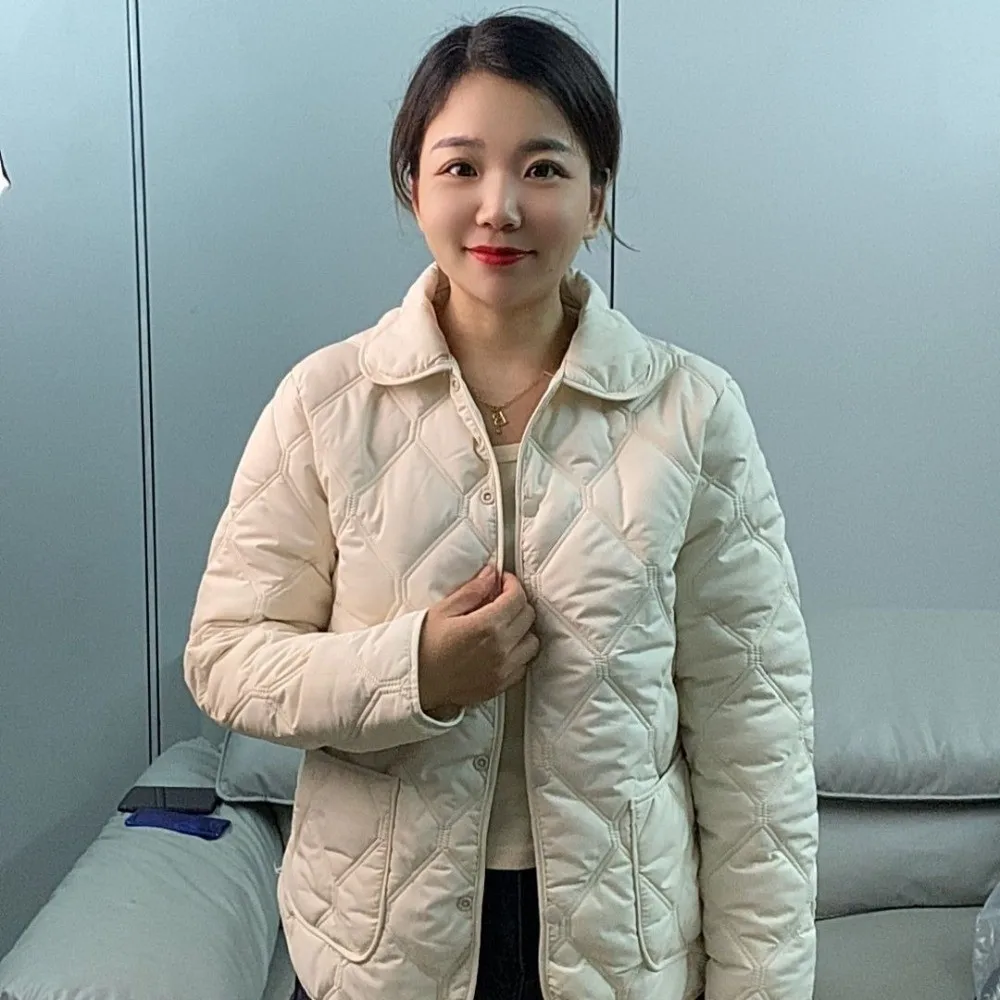 Rhomb Pattern Short Cotton Coat Warm Lining Big Pocket Casual Down Jacket Double-sided Wearable Turn-down Collar Quilted Jacket