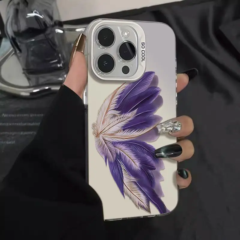 

Purple artistic feather phone case for iPhone 16 15 14 13 12 11 Pro/ Max/Plus shock-proof rear cover anti-fingerprint