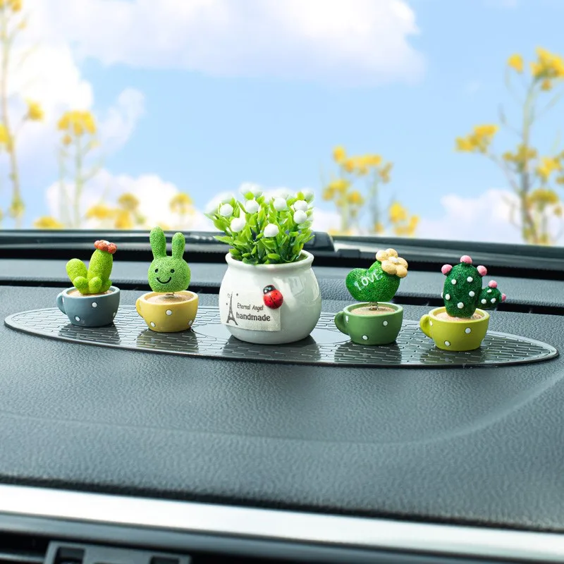 1/4pc Cute Resin Shake Head Spring Succulent Cactus Mini Green Plant Car Office Home Crafts Auto Interior Decoration Accessories