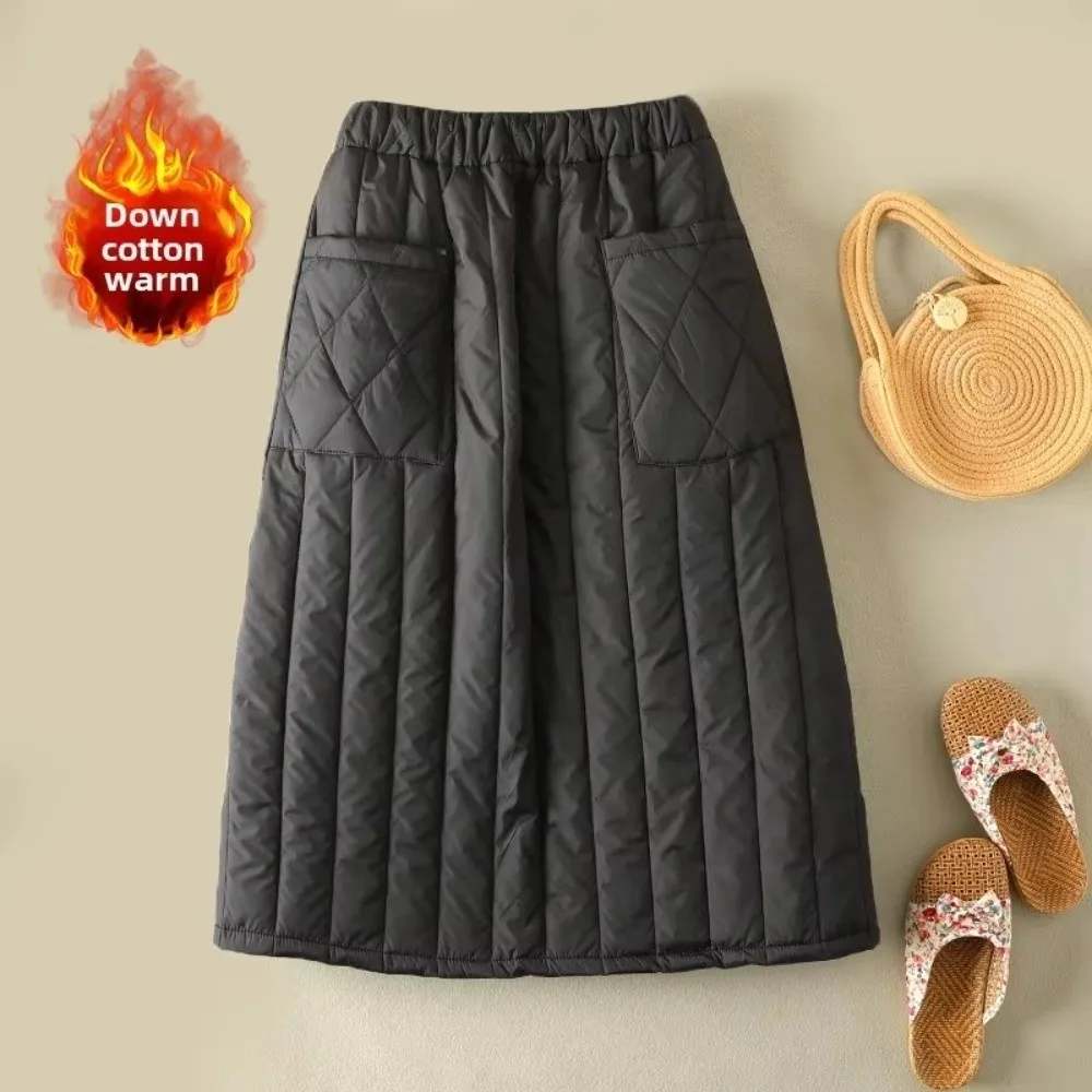 Retro High Waist Midi Length Skirt Winter Warm Cotton Long Skirt Thickened Quilted Diamond Quilted Cotton Skirt Outerwear Daily