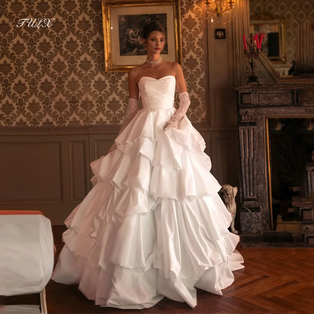 

TULX Luxury Ivory Satin Tiered Wedding Dresses Sweetheart Bridal Gowns A line Long Church Dress Vestidos De Novia Customized