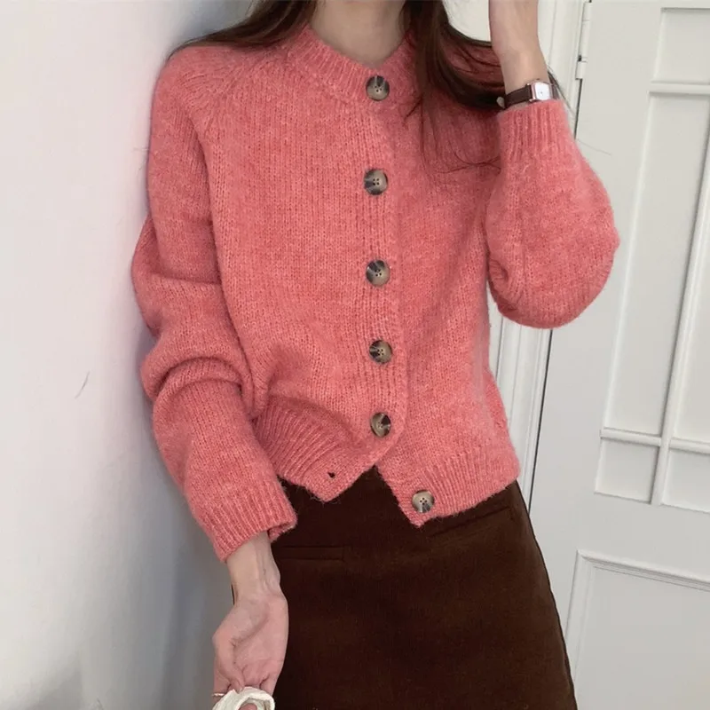 Knitted Short Cardigan Sweater Jacket Coat for Women Single Breasted Female Crewneck Outerwears Full Sleeve Tops 2023