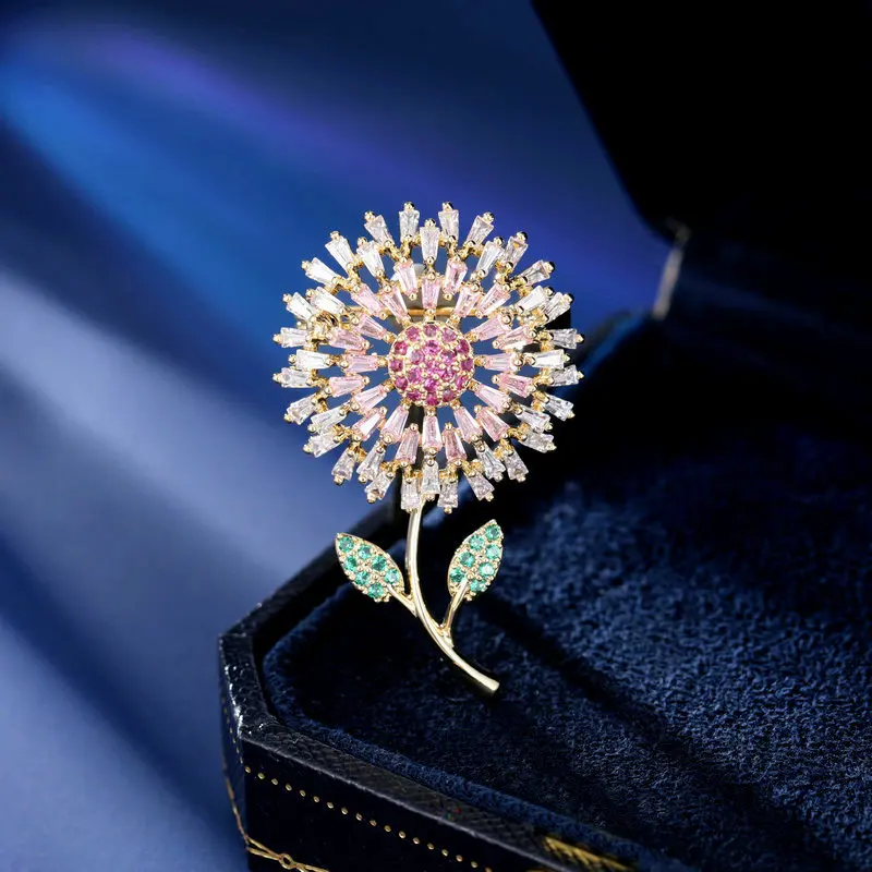 Chinese Style Lucky Auspicious Fortune Gold Sparkling Zircon Dandelion Flower Brooch Pin For Women Cardigan Collar Decor Gifts