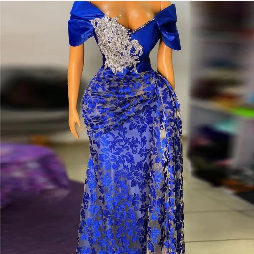 Vintage Kant Aso Ebi Prom Jurken Plus Size Nigeria Afrikaanse Avondjurk Royal Blue Uit De Schouder Lange Party jassen