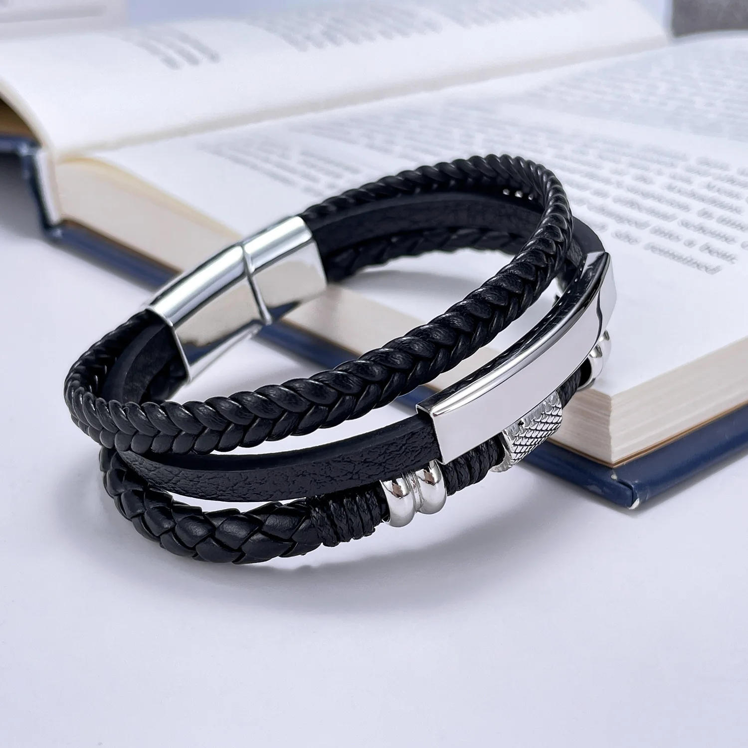 JHSL New Men Statement Wrap Bracelets Bangles High Quality Black Fiber Synthetic Leather and Stainless Steel Magnet Toggle