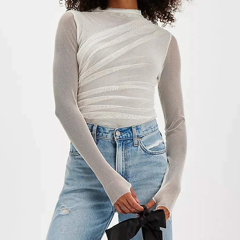 

Новинка 2026, весна-лето, облегающий комбинезон с круглым вырезом, прозрачные складки, сексуальный комбинезон с длинными рукавами, повседневный однотонный облегающий комбинезон